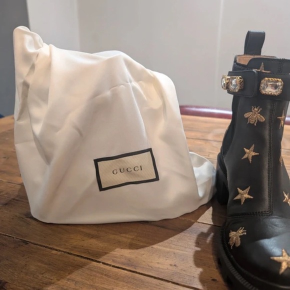 Gucci Black Leather Booties with Gold Star and Bee Accents - Picture 8 of 8